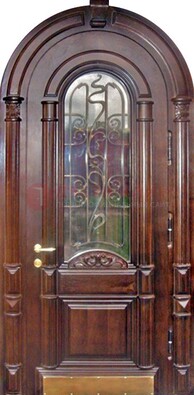 Арочная металлическая дверь массив со стеклом и ковкой ДА-50 в Сочи