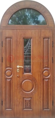 Двустворчатая железная дверь МДФ со стеклом в форме арки ДА-52 в Белгороде