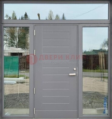 Серая стальная дверь с панелью МДФ и стеклянными фрамугами ДФГ-28 в Белгороде