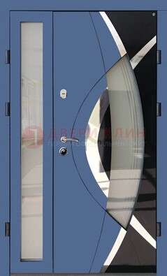 Синяя металлическая дверь со стеклом и узором ДС-13 в Белгороде