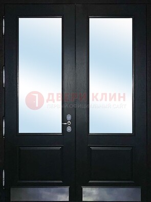 Черная двухстворчатая металлическая дверь со стеклом ДС-25 в Белгороде
