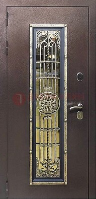 Железная дверь цвета медный антик со стеклом и ковкой ДСК-105 в Белгороде