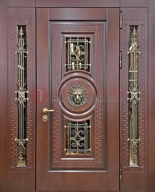 Коричневая стальная дверь со стеклом и ковкой ДСК-147 с фрамугами в Белгороде