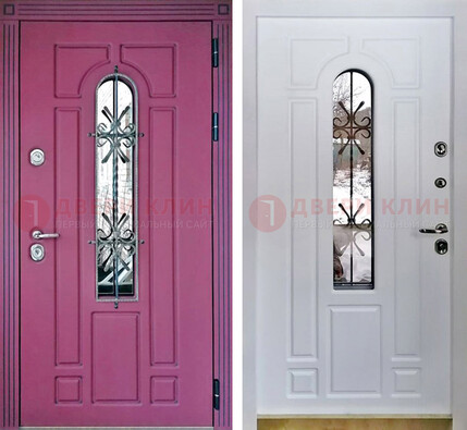Розовая металлическая дверь со стеклом и ковкой ДСК-151 в Белгороде