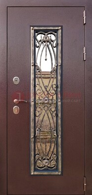 Коричневая стальная дверь порошок со стеклом и ковкой для дома ДСК-169 в Белгороде