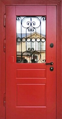 Красная железная дверь Винорит со стеклом и ковкой ДСК-205 в Кубинке