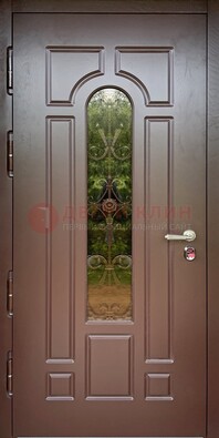 Металлическая коричневая дверь Винорит со стеклом и ковкой ДСК-210 в Ликино-Дулево