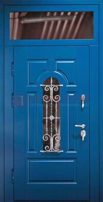 Синяя железная филенчатая дверь со стеклом и ковкой ДСК-97 в Белгороде