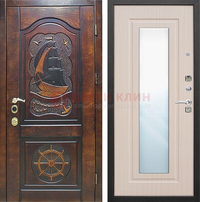 Темная дверь с резьбой и зеркалом внутри ДЗ-49 в Белгороде