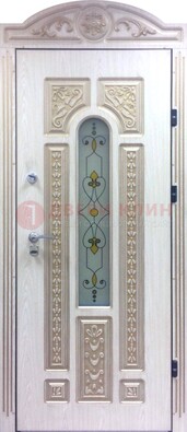 Белая железная дверь с МДФ и витражом ВЖ-26 в Белгороде