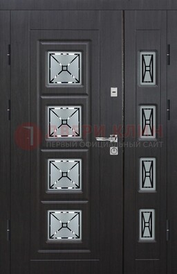 Чёрная двухстворчатая железная дверь с МДФ и витражом ВЖ-35 в Белгороде